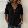 Women Casual Cotton Hooded Pullover Shirt Short Sleeve Drawstring V Neck Button Front Lightweight Blouse
