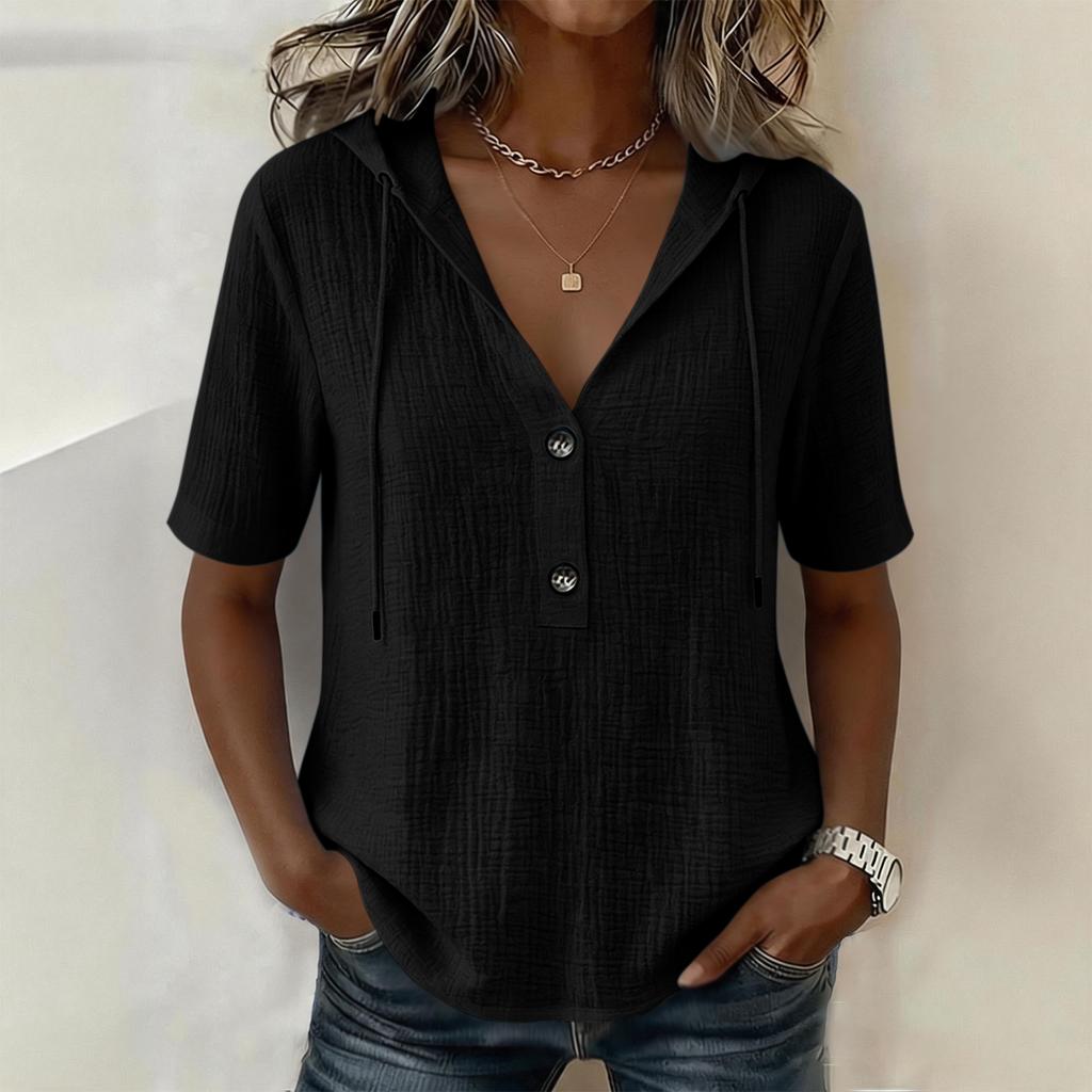 Women Casual Cotton Hooded Pullover Shirt Short Sleeve Drawstring V Neck Button Front Lightweight Blouse