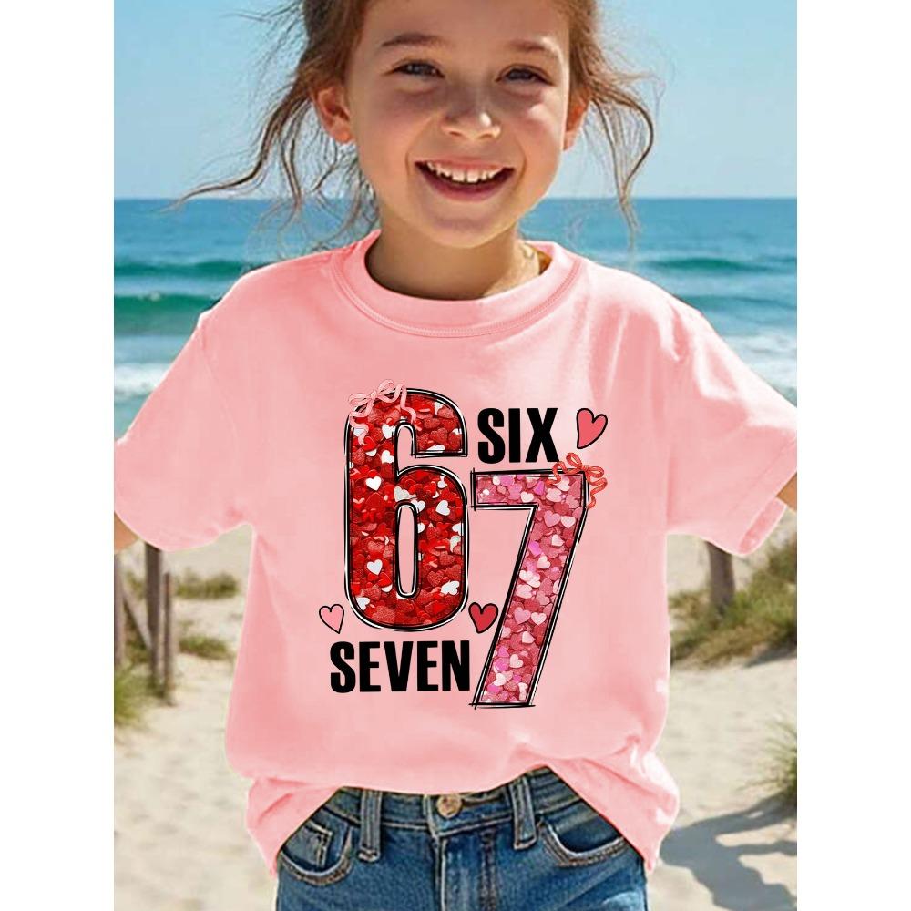 Summer Children's Round Neck Pure Cotton Short-sleeved Casual T-shirt with "67" Number Heart Cartoon Print, Pink Top for Girls.