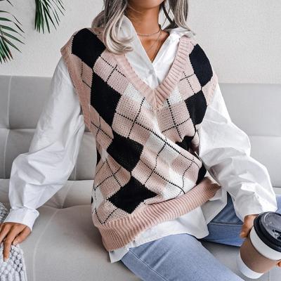 College Style Rhombus V-neck Casual Loose Knitted Vest Sweater