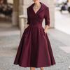 Women's Collared V Neck Long Sleeve Midi Dress Slim Fit Elegant Pleated A Line Formal Swing Dress