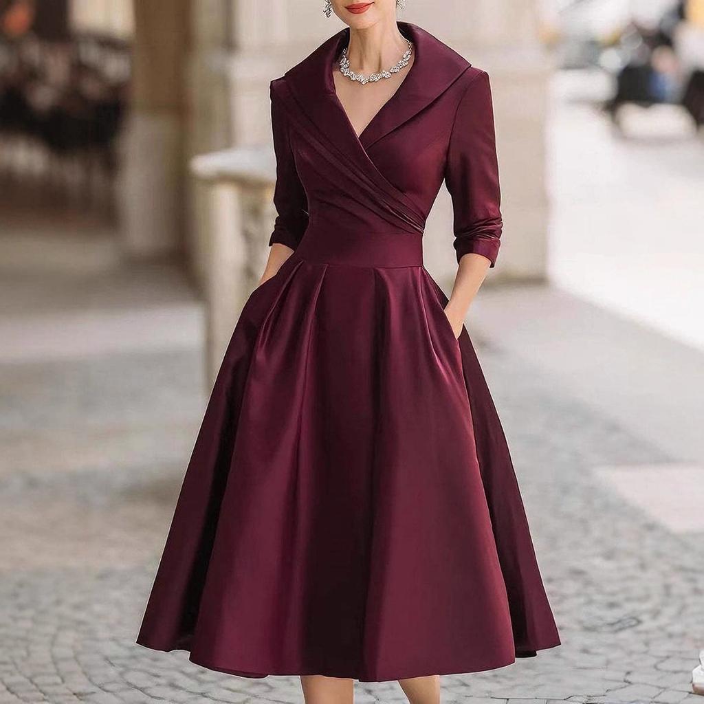 Women's Collared V Neck Long Sleeve Midi Dress Slim Fit Elegant Pleated A Line Formal Swing Dress
