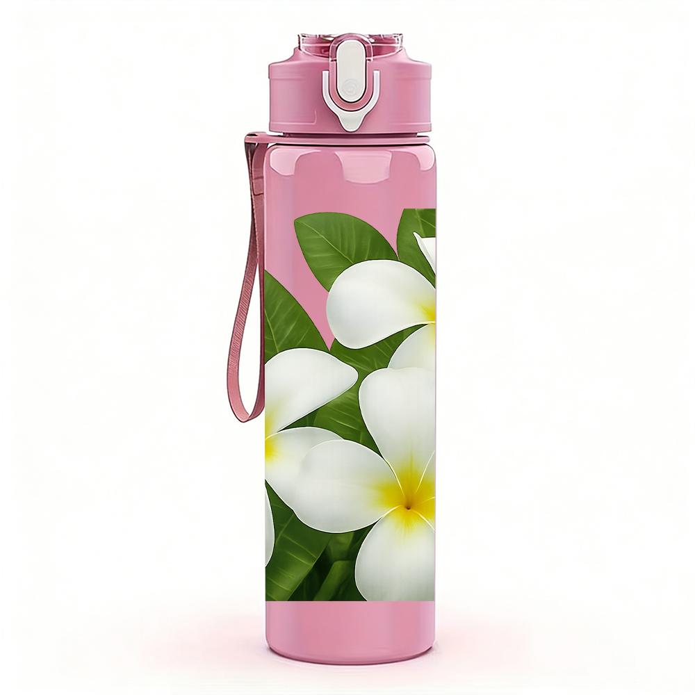 1PC White Plumeria Flower Bloom 750ml Color Plastic Sports Water Bottle Leakproof Flip Straw Lid For Sports Office Home Use