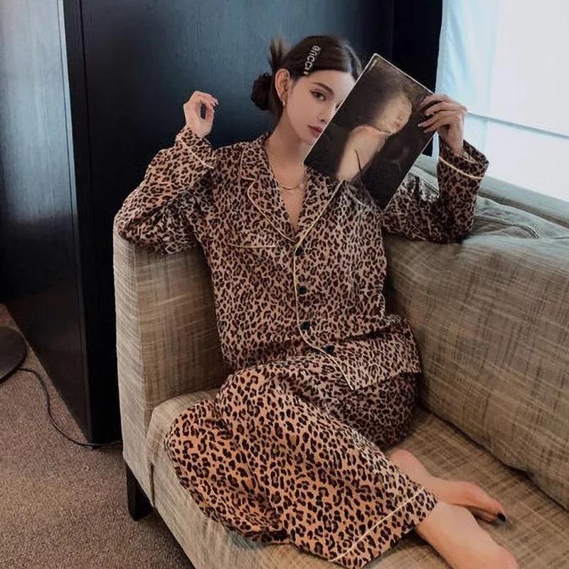 Spring and Autumn Women's Fashion Leopard Print Pajamas Homewear Set Girls Long-Sleeved Pajamas Sexy Pajamas Homewear Set