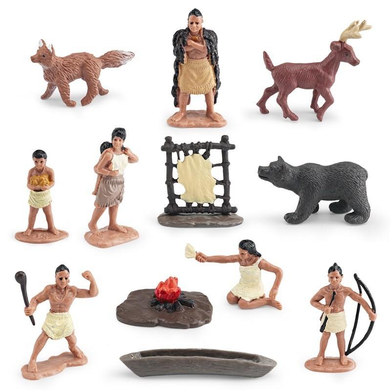Detailed Plastic Indian Model Collection Of 12 Figures Including Chief And Warrior