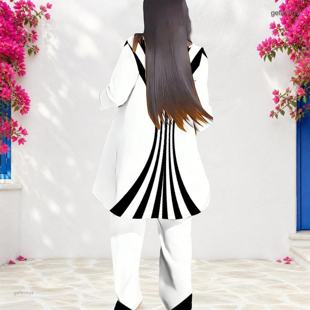 Women Plus Size Two Piece Set Round Neck Long Sleeve Black White Striped Printed Layered Top And Long Pants