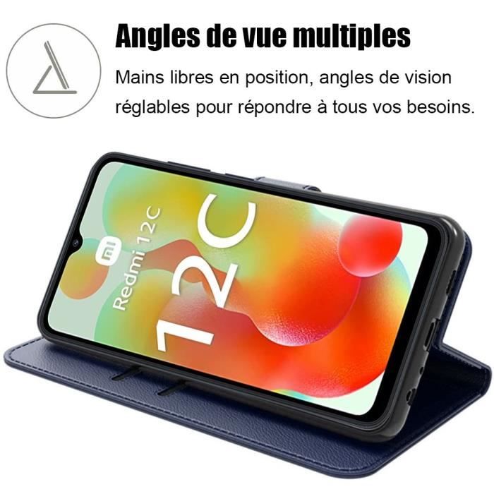 Coque + 2 Verres Trempés pour Xiaomi Redmi 12C-11A, Coque Effet Cuir Elégant - Bleu Marine
