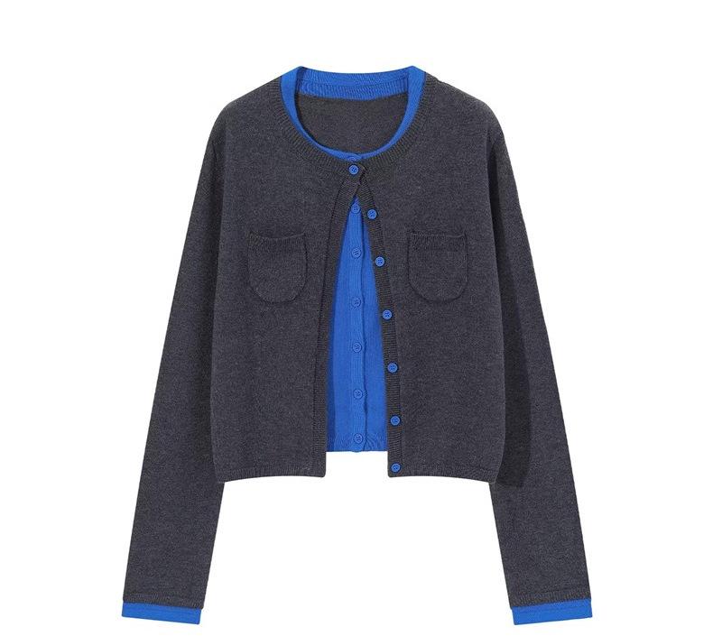 Korean Color Block Two-Piece Knit Cardigan - Women's Versatile Short Top for Spring and Autumn Street Style