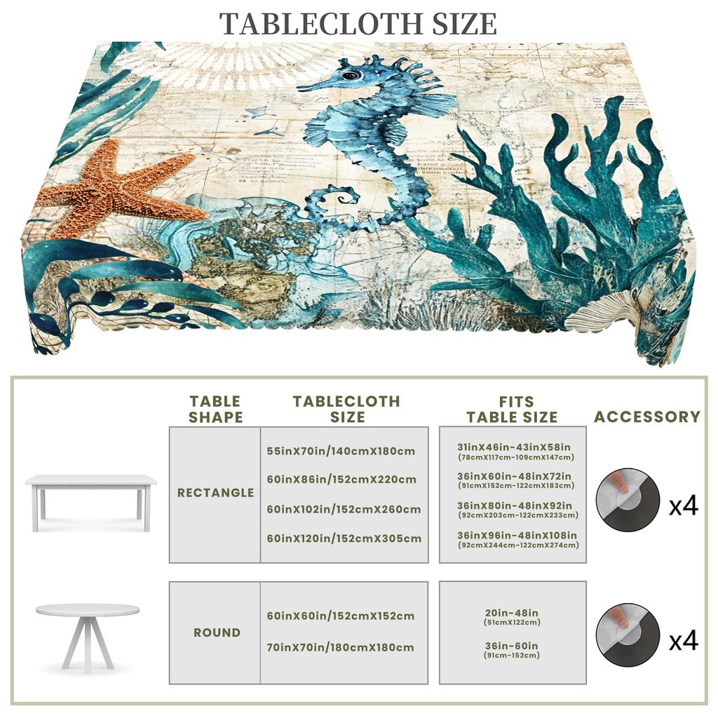 1 Piece Of Summer Retro Ocean Theme Printed Tablecloth, Seahorse, Seaweed, Starfish Pattern Design, Suitable For Spring And Summer Camping Style Picni