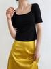 LUXI 2024 Summer Women's Short Sleeve Square Neck Slim Fit T-shirt - Solid Color, High Waist, Exposed Collarbone Style