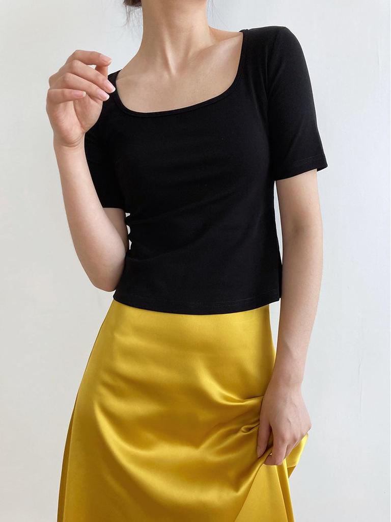 LUXI 2024 Summer Women's Short Sleeve Square Neck Slim Fit T-shirt - Solid Color, High Waist, Exposed Collarbone Style