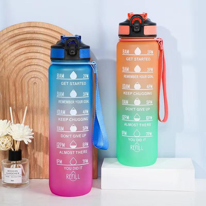 1000ml Large Capacity Gradient Water Bottle with Straw 1 Litre Leakproof with Time Marker,for Sports Fitness Coffeeware