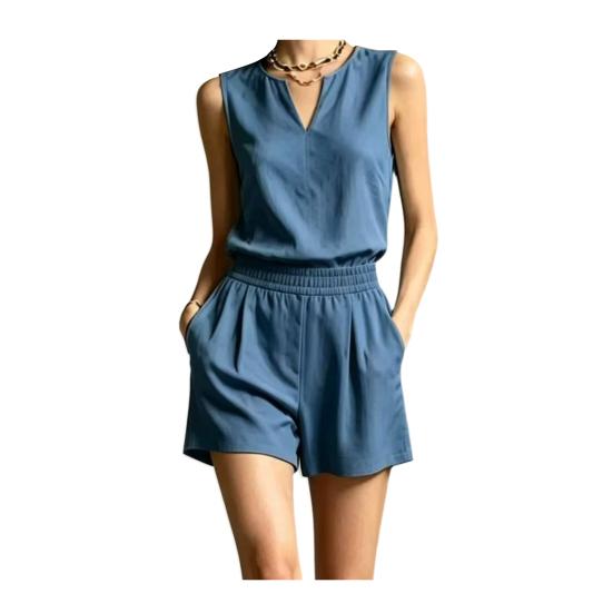 Conjuntos de Verano de 2 Piezas para Mujer, Camiseta sin Mangas Casual y Pantalones Cortos Elásticos de Cintura Alta a Juego, Conjuntos de Salón con Bolsillos