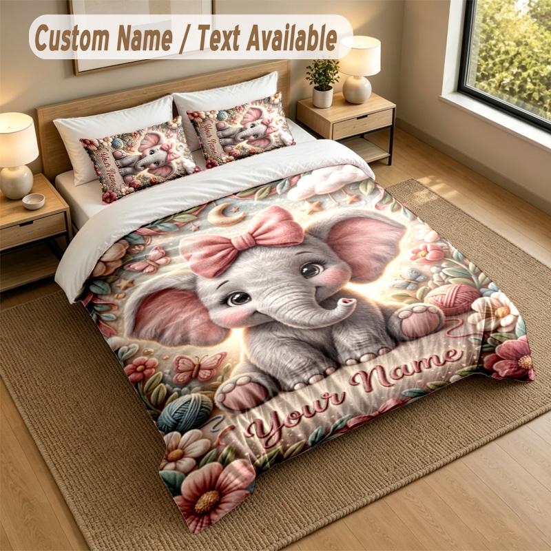 Elephant Theme Personalized 3Pcs Bedding Set Custom Text & Name 1 Sheet 2 Pillowcases Household Bedding 1pc