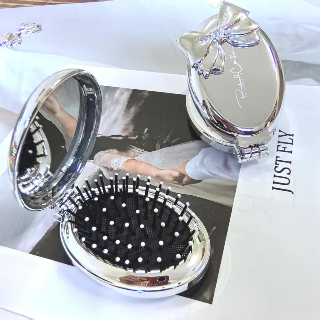 Portable Oval Folding Mirror Comb for Women & Children - Compact Hair Smoothing and Massage Tool