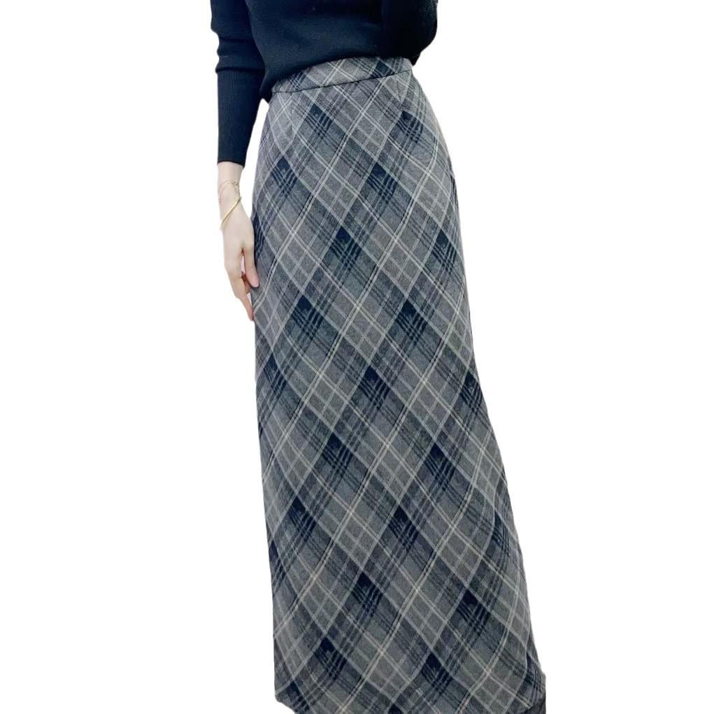Spring 2026 High-Waisted Plaid Slimming Woolen Over-the-Knee Skirt