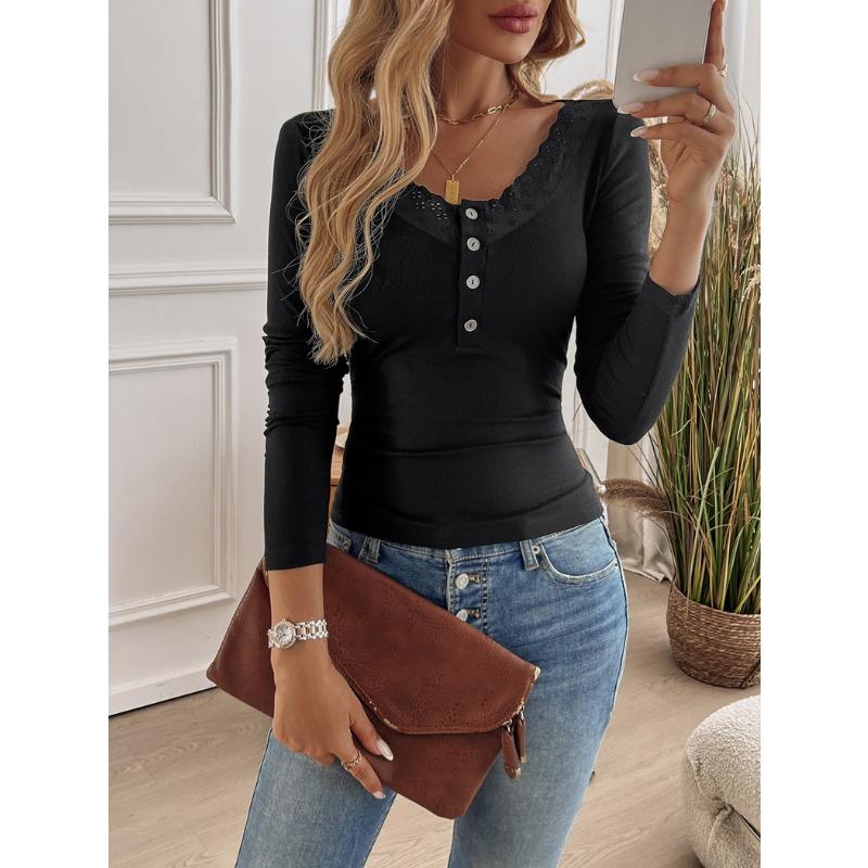 Women's Y2K Temperament Threaded Button Lace U Neck Knit Long Sleeve Top