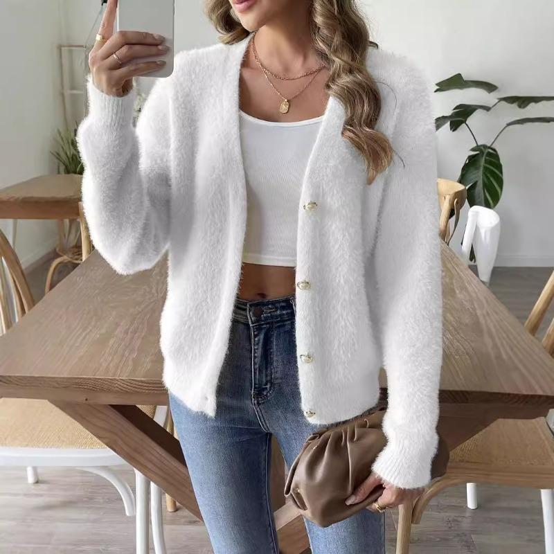 Women Faux Mink Fur V Neck Long Sleeve Knit Button Cardigan Sweater