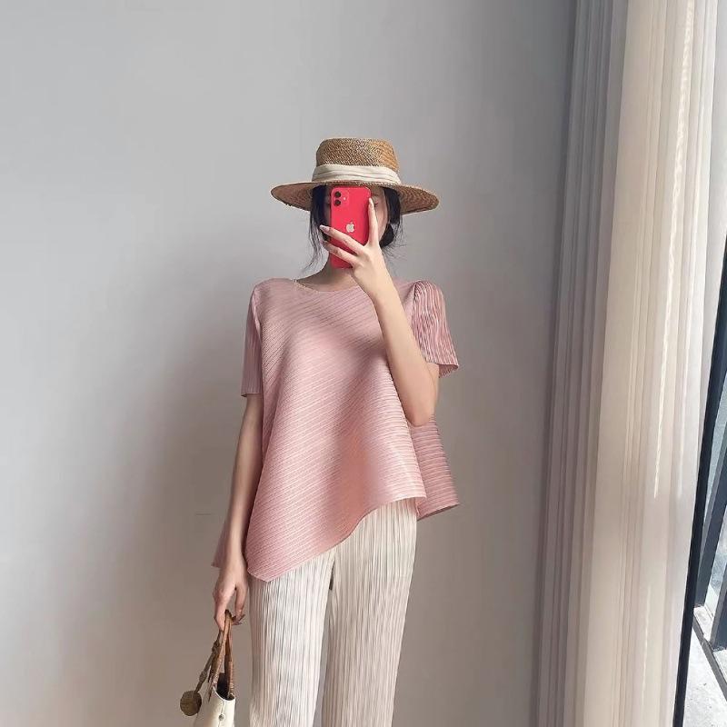 Miyake Women's Irregular Pleated Tops - Short Sleeves, Round Neck, Loose Fit, Slim and Long Niche, Perfect for Summer.