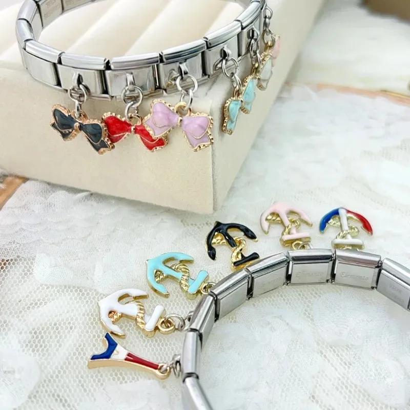 NEW Popular Bow Anchor Pendant Elastic Charm Italian Links Fit 9mm Modular Bracelet Making DIY Jewelry Bulk