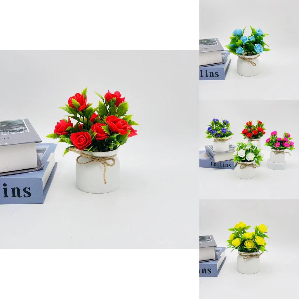 Plastic Foam Rose Miniature Indoor Plant With Butterfly Bow For Home Decor And Photography Props