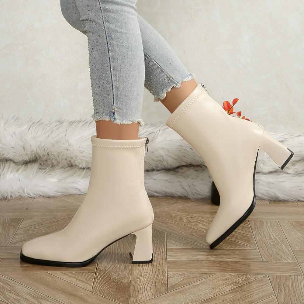 Elegant Square Toe Block Heel Ankle Boots For Women Leather Back Zipper Short Boots Woman Fashion High Heel Boots