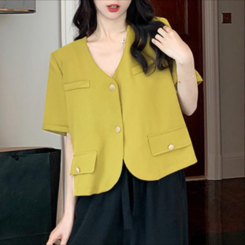 VONDA Women V Neck Short Sleeve Buttons Up Casual Elegant Cropped Blouse