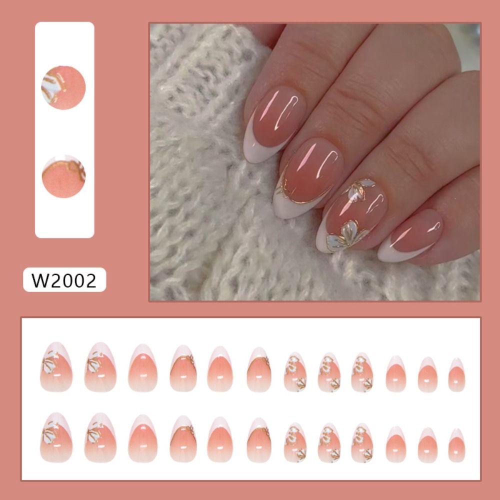 24pcs Long Almond Fake Nails French White Edge Press On Nails Manicure False Nails  Women