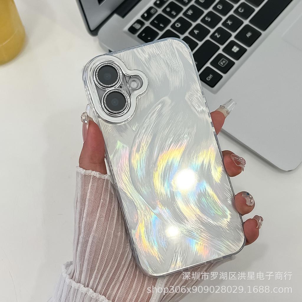 Feather Laser Is Suitable for Apple 16Promax Mobile Phone Case Apple 15 Feather Glitter Lens Film 14 All-inclusive Anti-drop.