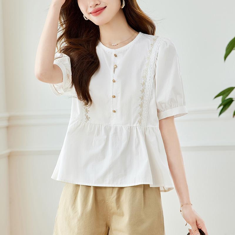 Latest Summer French Niche Lace Round Neck Embroidered Blouse Commuter Chic Top