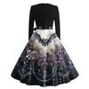 Women's Casual Vintage Dress Long Sleeve Round Neck Halloween Print A-Line Midi Dress with Waist Tie Belt Suitable for Daily Wear