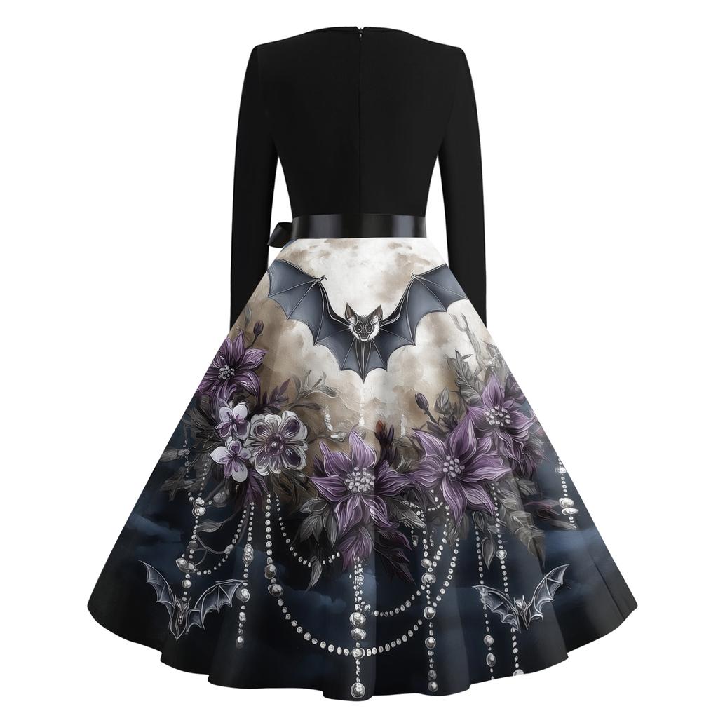 Women's Casual Vintage Dress Long Sleeve Round Neck Halloween Print A-Line Midi Dress with Waist Tie Belt Suitable for Daily Wear