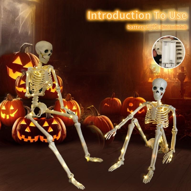 Poseable Full Body Human Skeleton Decors Haunting Halloween Party Skeleton with LED Green Lights for Scary Atmosphere