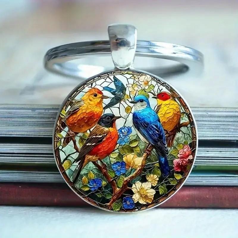 

Cute Watercolor Bird Group Glass Keychain With Alloy Attachment For Gift And Accessory