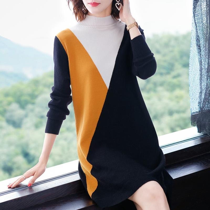 Korean Half Turtleneck Knitted Dress for Women Loose Mid-length Pullover Patchwork Sweater Dress Casual Knitwear