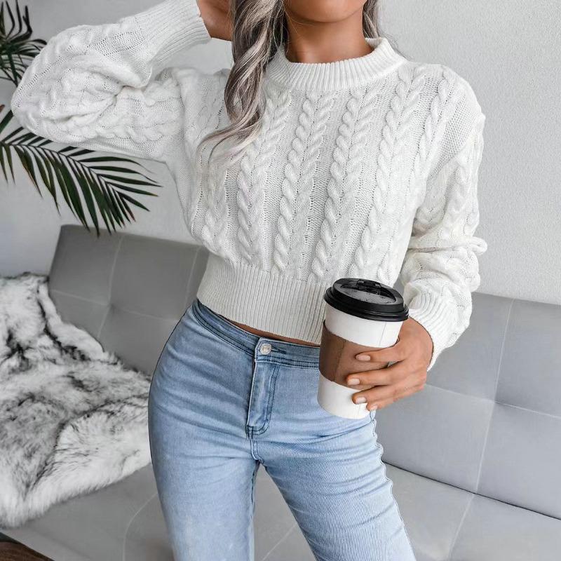 Autumn and Winter Crew Neck Pullover Women Short Sweater Slim Fit Fashion Twist Bottoming Knitted Top Solid Color Long Sleeve Casual Simple Clothing