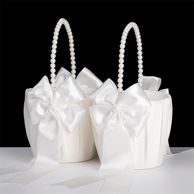 1/2pcs Satin Pearl Knot Flower Basket For Girls, Ring Holder, White Flowers, Wedding Accessories, Ladies Supplies, 2025