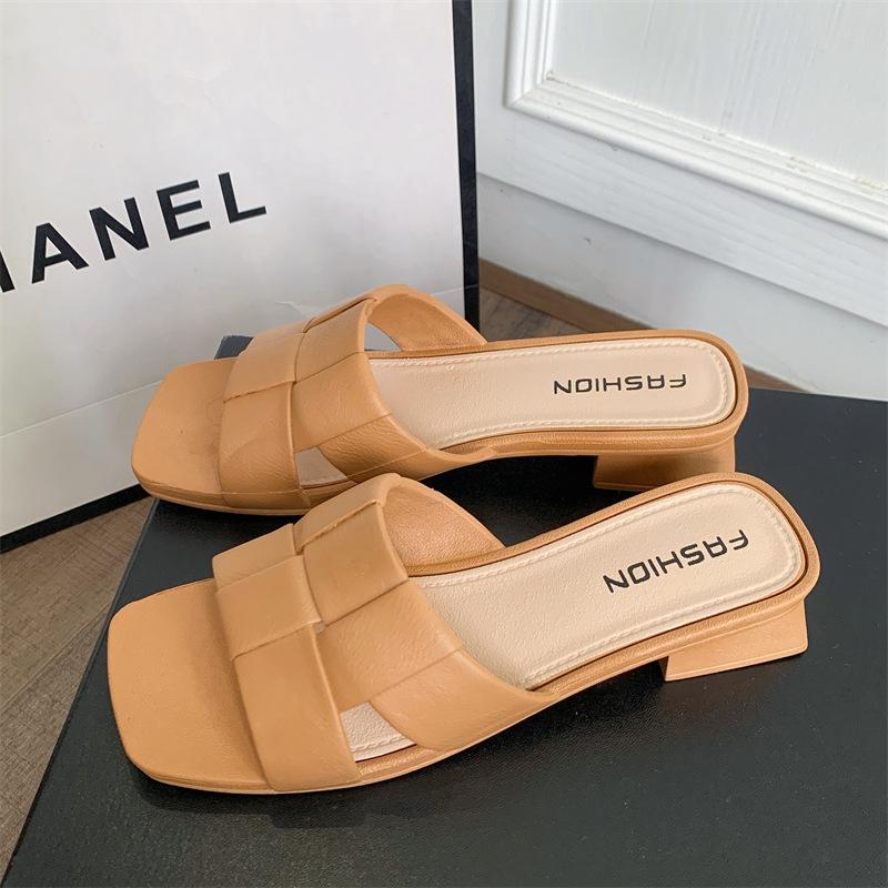 Women's Leather Slide Sandals Square-toe Block Heel Mules with Woven Strap for Summer Casual Wear