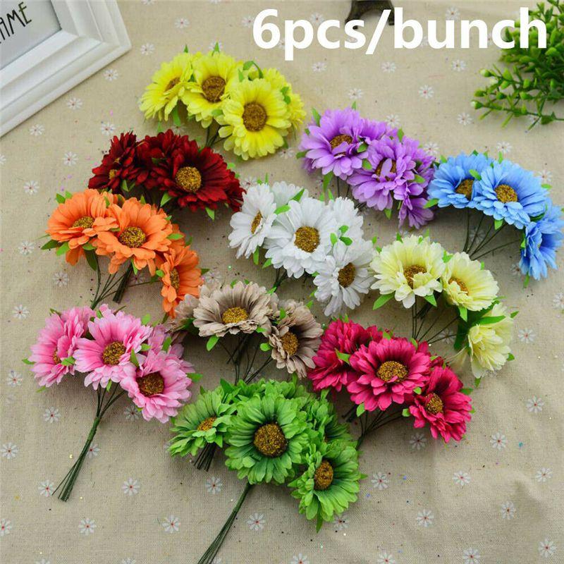 Lush 6pcs Artificial Gerbera Daisy Fake Silk Flower For Beautiful Diy Bridal Bouquets