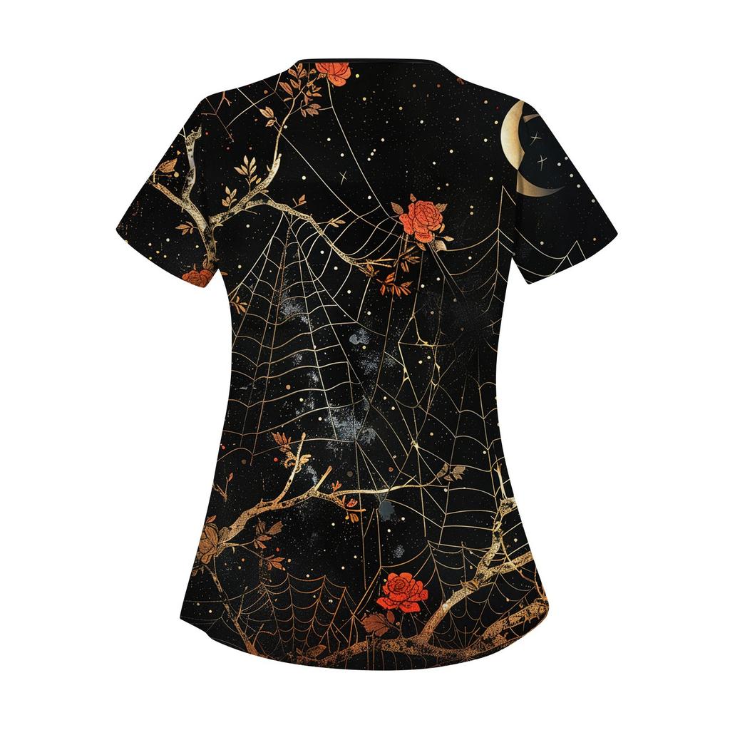 Dámské potištěné pracovní oblečení, šikmý límec a dvojité kapsy, základní top pulovr