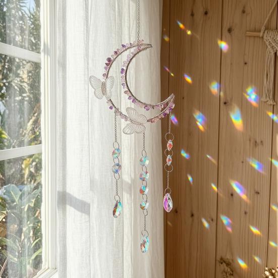 Crystals Suncatcher, Hanging Moon Butterfly Sun Catcher with Glass Prisms for Windows, Healing Crystal Decor for Home, Gift for Christmas Birthday