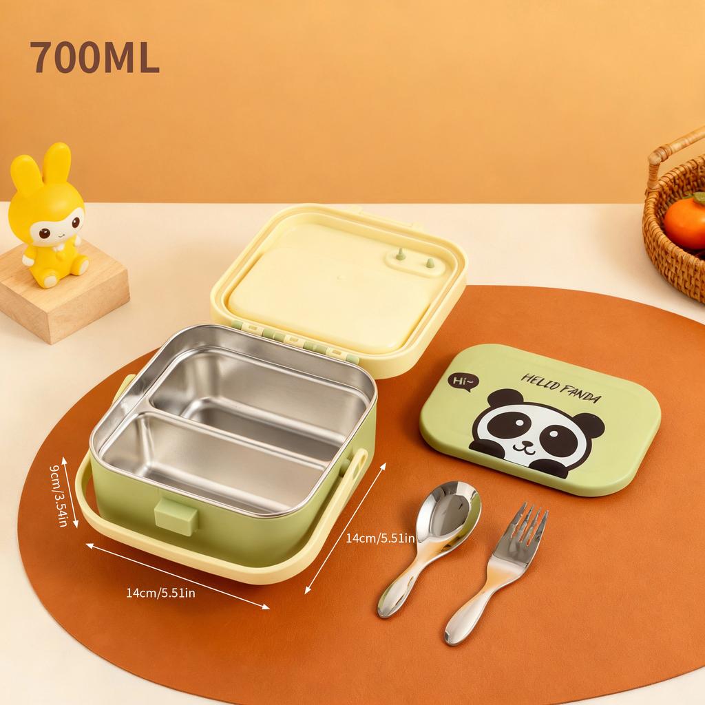 304 Stainless Steel Handheld Lunch Container Leak-proof Cartoon Square Children's Bento Lunch Box With Fork Spoon Microwave Safe