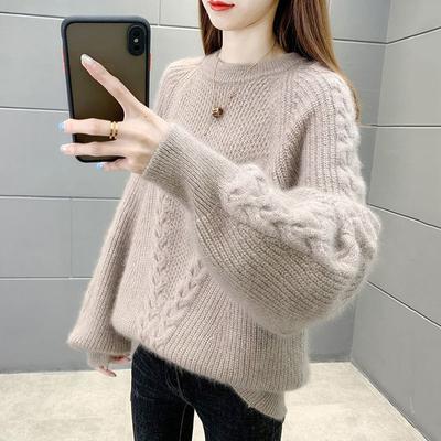 Pull ample à col rond pour femme, version coréenne, automne et hiver, tricoté avec un haut en velours épais