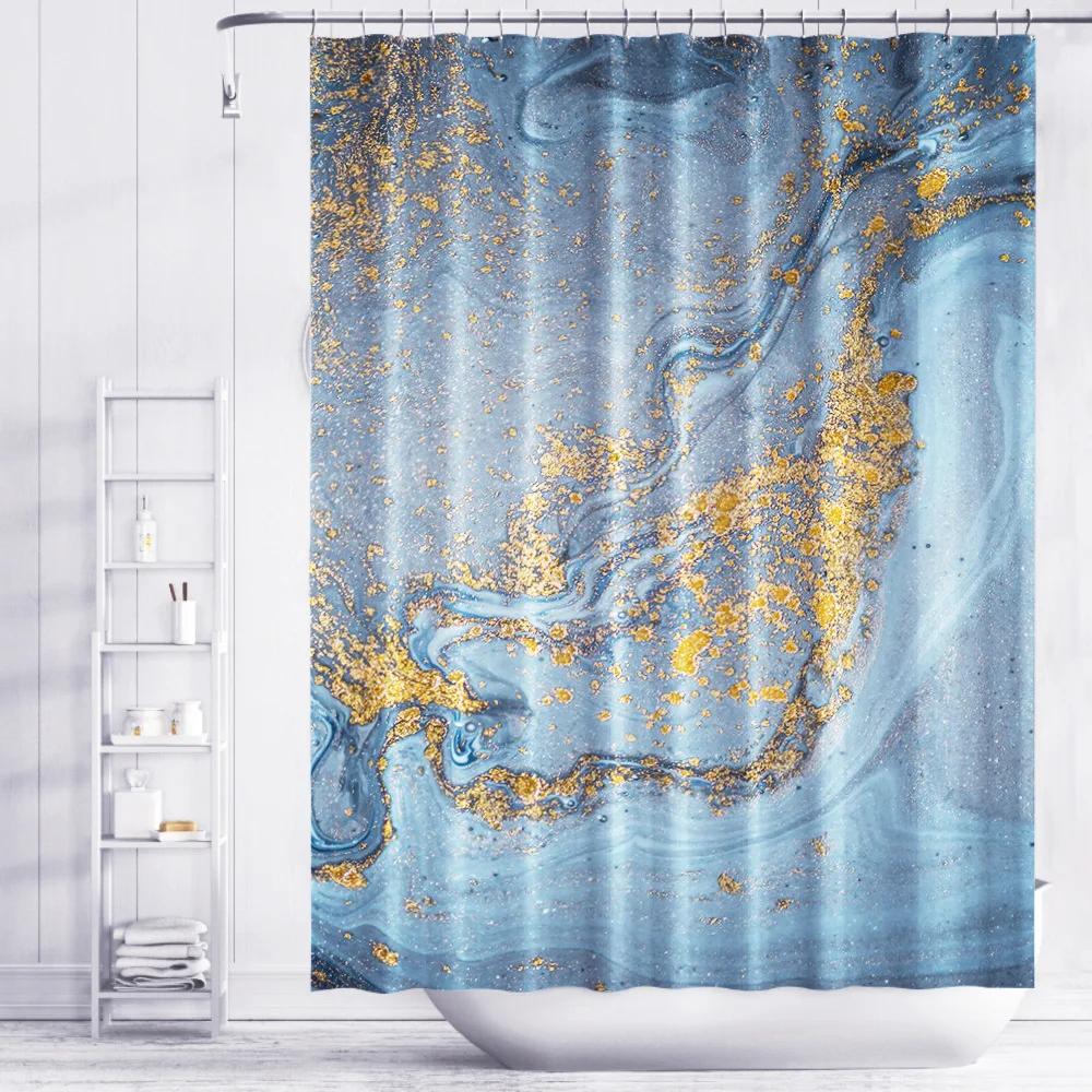 Nordic Gradient Marble Shower Curtain Blue Gold 3D Printing Texture Thickening Waterproof Polyester Bathroom Curtains With Hooks