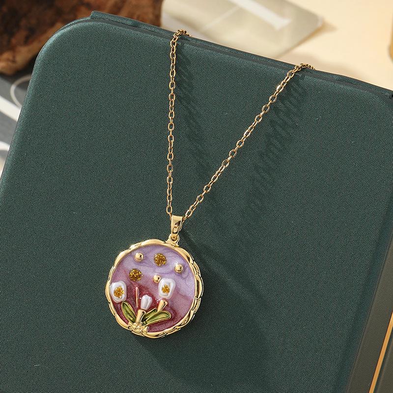 Monet-Inspired Flower Pendant Necklace, Hand-Painted, High-End Stainless Steel Clavicle Chain, New Chinese Style