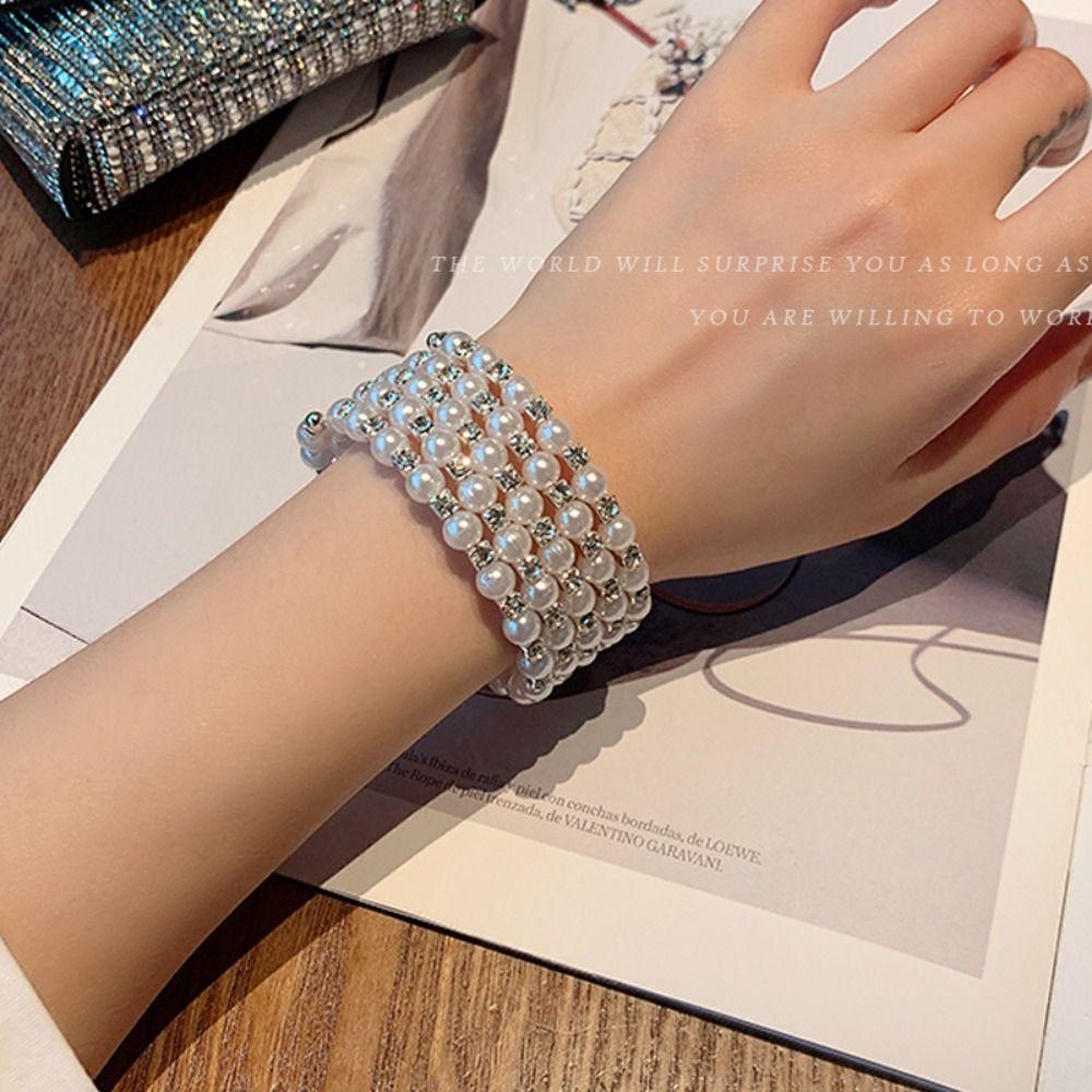 

Silver Crystal Pearl Bracelet Zinc Alloy Rhinestone Bracelets New 5Rows Stretch Bangle