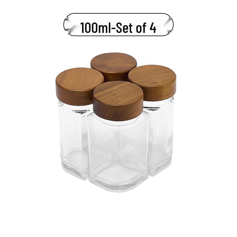 Acacia Wood Glass Seasoning Bottle Set - Pepper, Salt, Spices - 4-Piece Square Sprinkler Jars