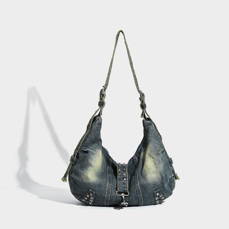 Large-capacity Tote Bag Washed Denim Riveted American Trend Ins Style Shoulder Commuting Cross-body синий