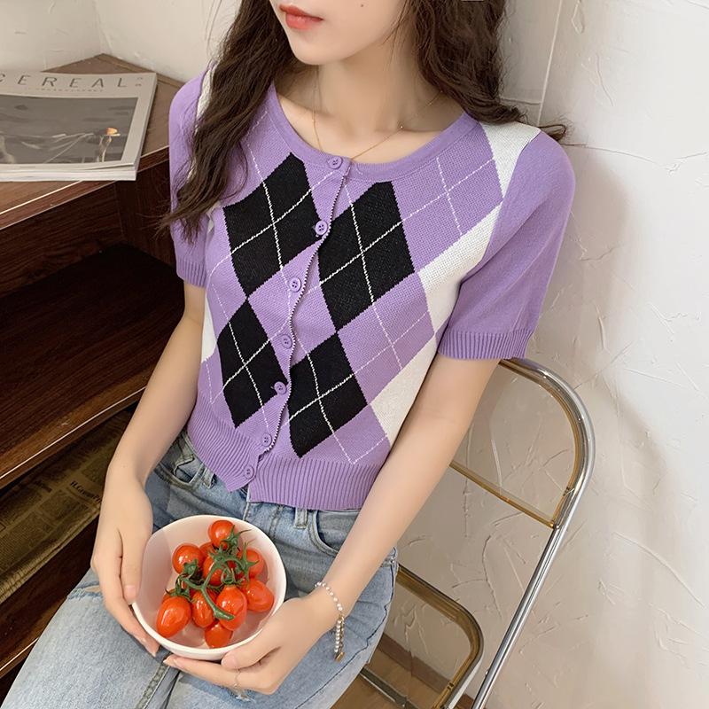 Cardigan cu mânecă scurtă și Palton mic pentru Femei Vară Stil Nou Retro Stil Colegial Romboși Contrastanți Tricotat Subțire Top Scurt