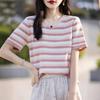 Pure Cotton Rainbow Striped Round Neck Short-sleeved T-shirt for Women In Summer Korean Style Relaxed Fit Design Leisure Knitted Sweater Top
